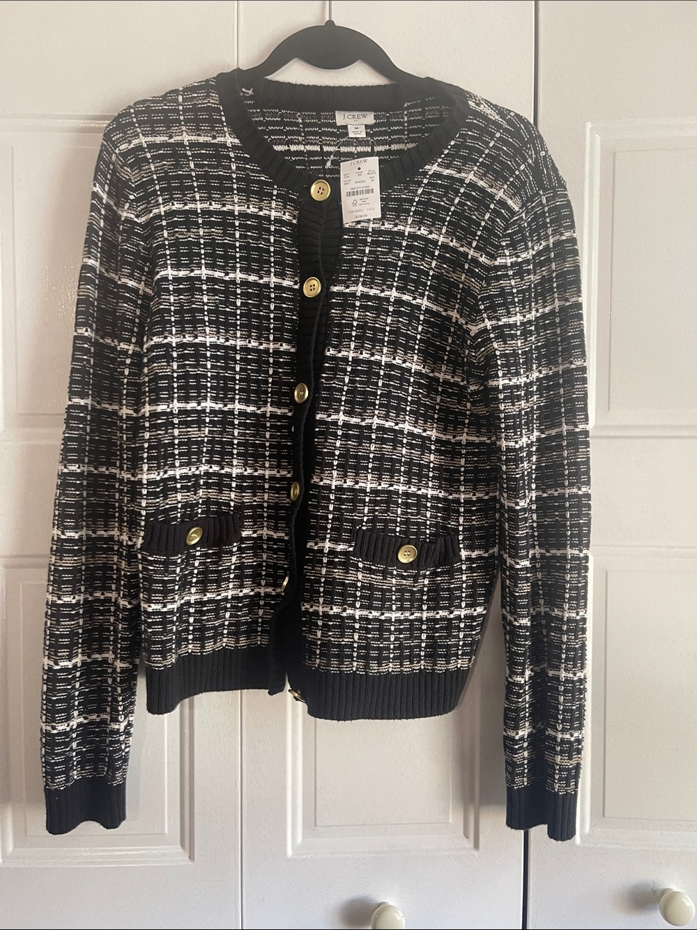 J. Crew Black and White Tweed Button Cardigan with Gold Buttons